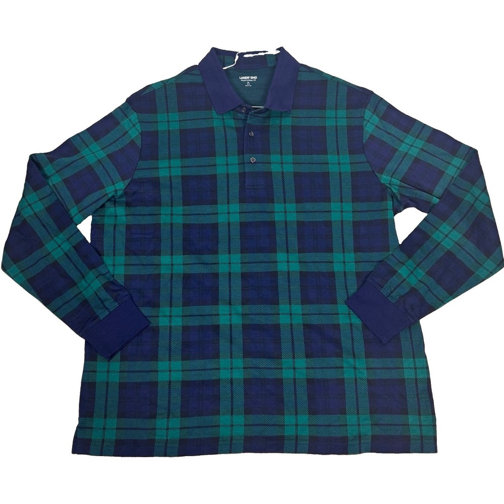 Lands End BlueTartan Plaid Long Sleeve Polo Shirt Mens XL Holiday Festive Preppy